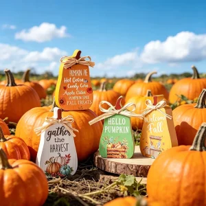 4PCS Wooden Fall Pumpkin Centerpiece with Fall Slogans and Raffia Bows for Thanksgiving Parties Harvest Dinners and Seasonal Decor
