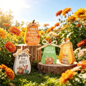 4PCS Wooden Fall Pumpkin Centerpiece with Fall Slogans and Raffia Bows for Thanksgiving Parties Harvest Dinners and Seasonal Decor