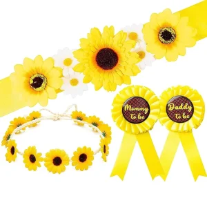 4Pcs Baby Shower Belt Mommy and Daddy to Be Tinplate Badge Sunflower Crown Garland Headband Pregnancy Sash Flower Belly Belt