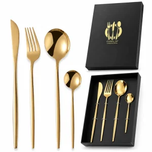 4Pcs Gold Stainless Steel Mirror Polish Flatware Gift Box for Home Hotel Restaurant Wedding Party Cutlery Set