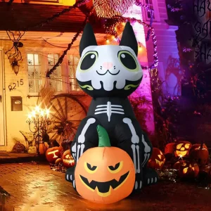 5 FT Halloween Inflatable Black Cat with Pumpkin Decoration with LED for Outdoor Halloween Party Yard Inflatable Decoration