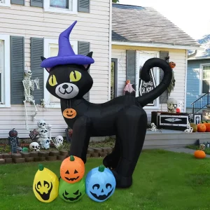 5 FT Halloween Inflatable Black Cat with Witch Hat Pumpkins LED Blow up Decor Waterproof Outdoor Yard Garden Party Decoration