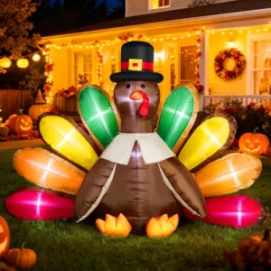 5 FT Tall Thanksgiving Inflatable LED Lighted Turkey with Colorful Tail Blow up Outdoor Lawn Yard Decoration