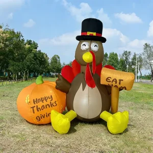 5 FT Thanksgiving Inflatables Turkey Decoration with Pilgrim Hat & Colorful Tail LED for Holiday Party Yard Turkey Inflatable