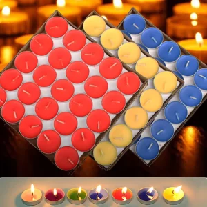 50pcs Pack of Mini Tea Candles Colored Paraffin Wax suitable for Indoor Use Festive Lights Halloween Christmas