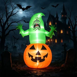 5FT Halloween Decoration Inflatable Blow up Green Ghost in pumpkin with LED Holiday Decoration Lawn Yard Garden Party Decoration