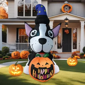 5FT Halloween Inflatable Dog with Witch Hat Pumpkin LED Blow up Decor Outdoor Yard Garden Party Decoration