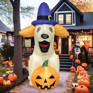 5FT Halloween Inflatable Dog with Witch Hat and Pumpkin LED Outdoor Yard Decoration