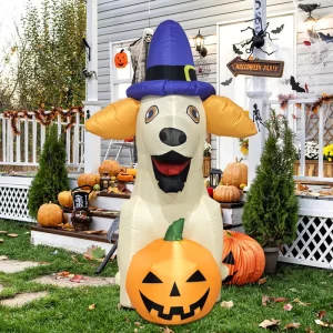 5FT Halloween Inflatable LED Decoration Dog with Pumpkin for Festival Decoration Outdoor Yard Garden Party Decoration