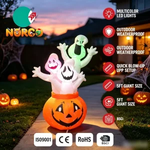 5FT Halloween Inflatable Pumpkin with 3 Multicolor LED Ghosts Waterproof Outdoor Yard Decoration or Halloween House Party