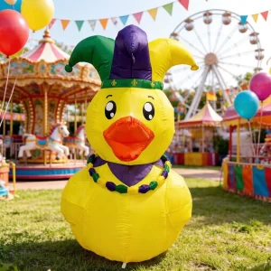 5FT Inflatable Mardi Gras Yellow Duck with Jester Hat & Beaded Necklace LED Lighted Outdoor Carnival Yard Decoration
