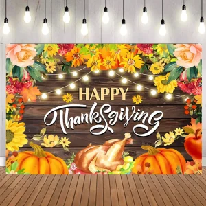 5x3ft Happy Thanksgiving Banner Backdrop Turkey Pumpkin Flowers Printed Autumn Party Decorative Photo Background Banner