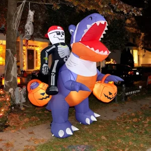 6 FT Halloween Inflatables Black Ghost Riding Purple Dragon with Pumpkin with Built in LED Lights Party Inflatable Decoration