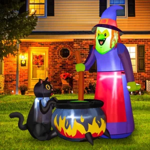 6 FT Halloween Inflatables Blow up Yard Decorations Witch Cat Build-in LEDs Inflatable Outdoor