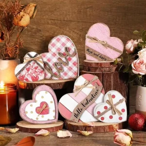 6 Pcs Valentine’s Day Heart Shaped Tabletop Decorations Indoor Holiday Desktop Wooden Ornament Supplies