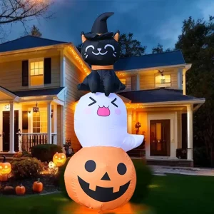 6 ft Halloween LED Inflatables Decoration Pumpkin Ghost Cat Combo for Festival Decoration Party Garden Lawn Decoration