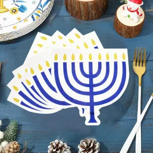 6.5 Inch 10 Pieces 3 Ply Hot Gold Candle Light Blue Hanukkah Soft Shaped Paper Napkins Festival Party Decorations Tableware