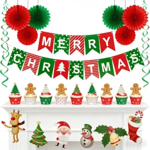 608396 Christmas Paper Set Red Green and White Party Decorations with Merry Christmas Banner for Indoor Holiday Celebration