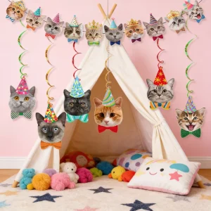 608413 Cute Cat Birthday Hanging Swirls Adorable Kitten Head Party Decorations with Happy Birthday Banner for Cat Lovers