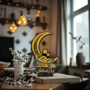 614099 Eid Mubarak Glitter Desktop Sign Islamic Crescent Moon and Lantern Decor for Ramadan and Eid Table Centerpiece