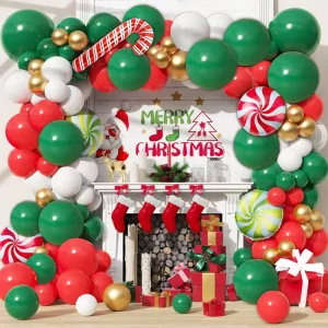 624227 140 Pcs Christmas Graduation Latex Balloon Decor Arch Kit 18″ 10″ 5″ Red Green Gold White Candy Cane 5m Tape