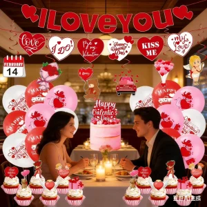 625629 Valentine’s Day Party Decoration Kit “I LOVE YOU” Banner Cupcake Toppers and Cake Topper for Romantic Celebrations