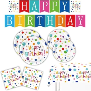 62pcs Colorful Dots Design Eco friendly Disposable Paper Plate Napkin Banner Happy Birthday Party Decoration