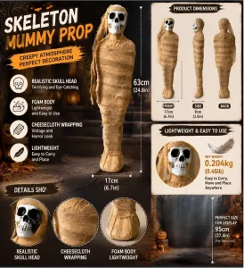 63cm Halloween Skeleton Mummy with Gauze Shroud, Foam Skull, and Hanging Decor