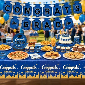 640430 Graduation Party Supplies Blue Disposable Tableware Set 98pcs Serves 24 Banner Plates Cups Napkins Tablecloth