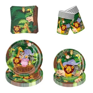 640440 96pcs Jungle Safari Party Tableware Set Disposable Plates Cups Napkins for Wild Animal Themed Kids Birthday