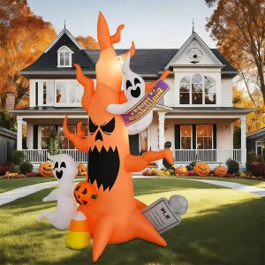 6FT Halloween Inflatable Pumpkin Skeleton Tree With White Ghost Spirit and Tombstone Halloween Decoration Yard Party Decoration