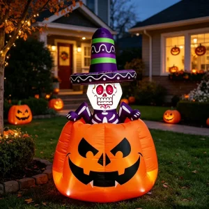 6FT Halloween Inflatable Skeleton Pumpkin LED Lighted Outdoor Yard Decoration Blow up Sugar Skull with Sombrero Party Prop