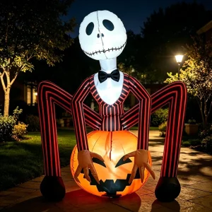 6FT Halloween Inflatable Skull Pumpkin Base LED Lighted Outdoor Yard Decoration Blow up Jack Skellington Style Party Prop