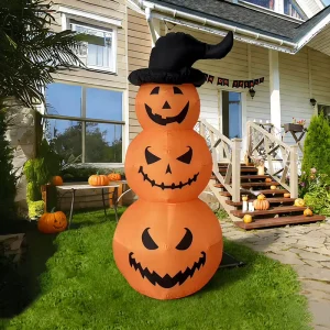 6FT Halloween Inflatable Stacked Pumpkins with Witch Hat and LED Light Outdoor Yard Decoration