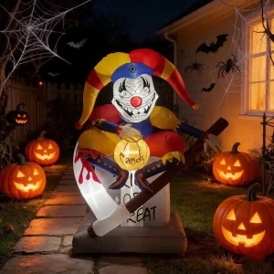 6FT Inflatable Adult Evil Scary Clown on Tombstone with Scythe LED Lighted Halloween Yard Decoration