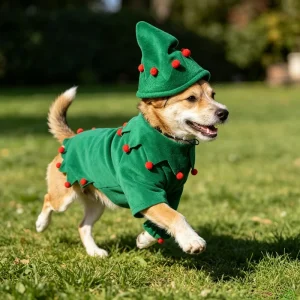 6Pcs Christmas Dog Costume Velvet Elf Outfit with Pointy Hat Leg Cuffs Holiday Pet Clothes for Small Medium Dogs