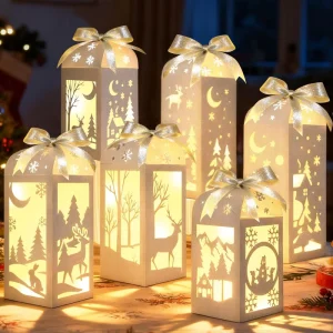 6Pcs Light up Snowman Deer Paper Lanterns Glitter Table Centerpiece Boxes Winter Wonderland Christmas Holiday Party Home Decor