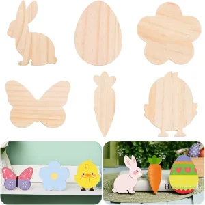 6Pcs Unfinished Wooden Easter Decoration Bunny Egg Flower Butterfly Carrot Chicken Shaped Table Sign for DIY Crafts Home Decor