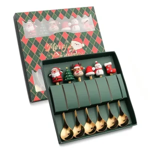 6pcs Sustainable Portable Reusable Christmas Cartoon Deer Tableware Gift Set Cute Stainless Steel Dessert Spoon Coffee Stirrer