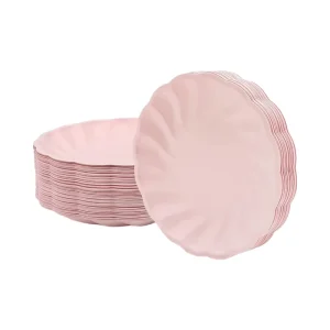 7 Inch >100 Pcs Pink Scallop Design Disposable Dessert Plates Everyday Use Compostable Small Bagasse Platters Wedding Birthday