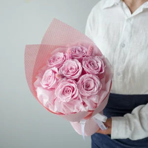 7 Stems Pink Preserved Rose Bouquet Girly Handmade Everlasting Flowers for Valentine’s Day Girlfriend Birthday Graduation Gift