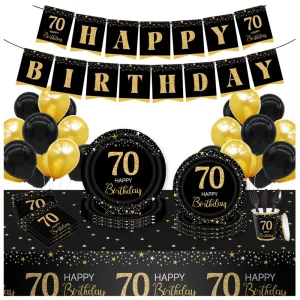 70th Birthday Party Supplies Disposable Tableware Set for Men Black and Gold 70 Birthday Party Decorations