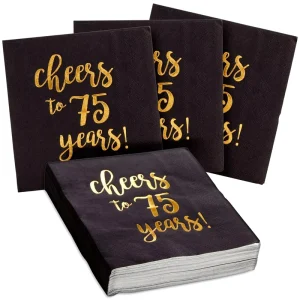 75th Birthday Anniversary Paper Napkins 3-Ply Black Gold Foil Cocktail Napkins for Party Table Decorations and Supplies