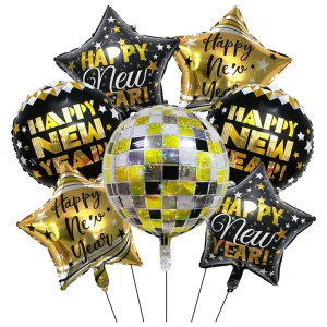 7pcs Golden and Black Happy New Year Foil Balloon Set for New Year Celebration Party Decoration