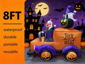 8 FT Long Horror Clown Driving a Car with Pumpkin and Ghost LED Blow up Lighted Decor Indoor Outdoor Halloween Decorations