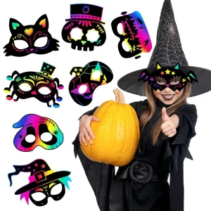 8 Style Halloween Paper Scratch Off Masks Floral Skull Pumpkin Party Costume DIY Scratch Art Toy
