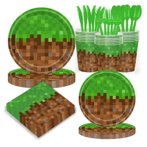 80Pcs Pixelated Earth Block Pixel Party Dinnerware Set Eco Friendly Disposable for Gaming Celebration School Event