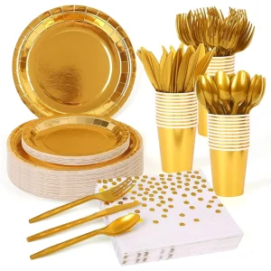 80pcs Gold Color Paper Plates Cups Napkins Straws Cutlery Disposable Tableware Set for Wedding Birthday Party Decorations