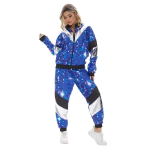 80s Retro Multi-Color Tracksuit Set Disco Sequin & Color-Block Two-Piece Party Stage Casual Outfit