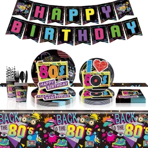 80’s Theme Spiral Birthday Party Disposable Dinner Plate Tablecloth Pull Flag Hanging Decoration Set Supplies